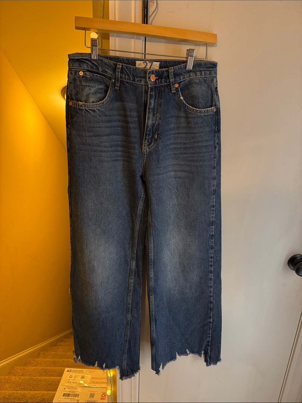 We The Free Women's Dark Blue Wide-Leg Jeans with Raw Frayed Hem